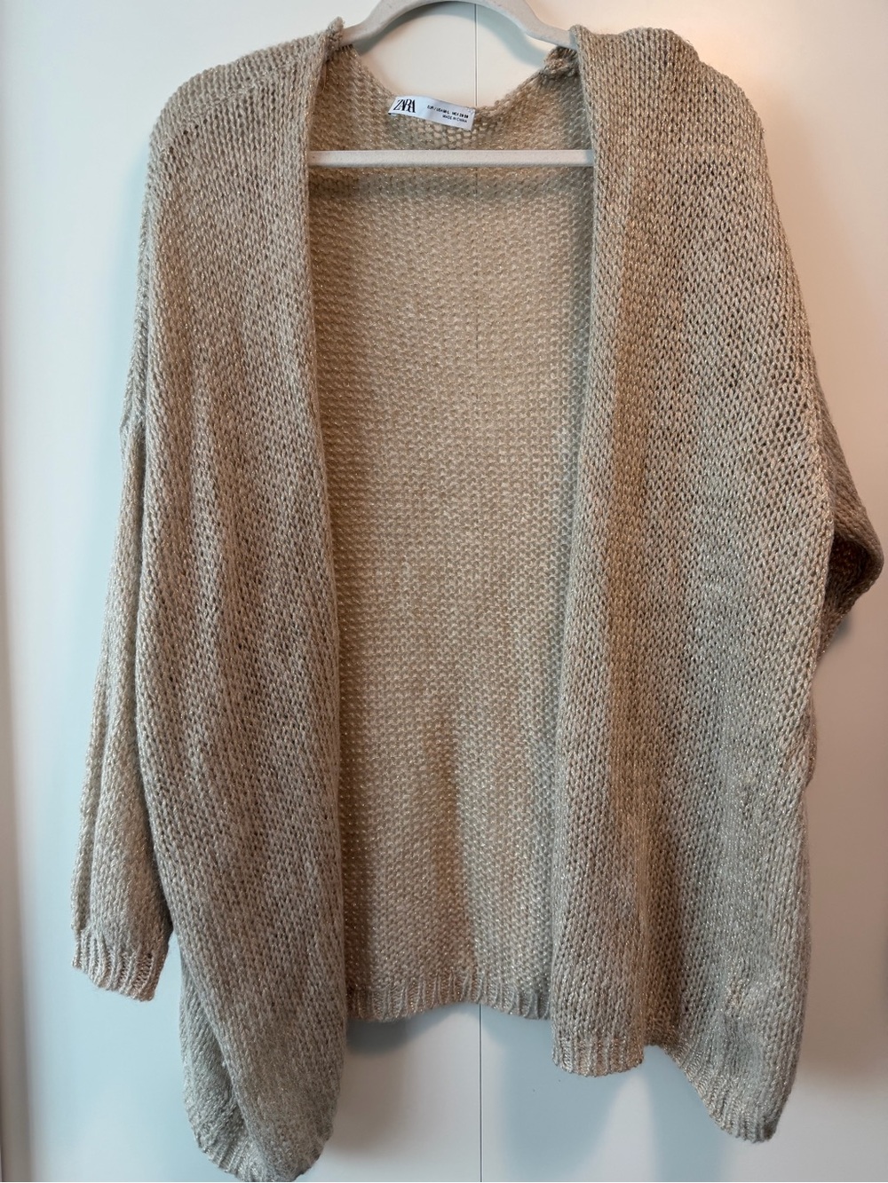 ZARA Cream and gold Open-Front Knit Cardigan Sweater